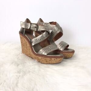 Banana Republic 6 M Womens Metallic Leather Crisscross Strap Cork Wedge Sandals